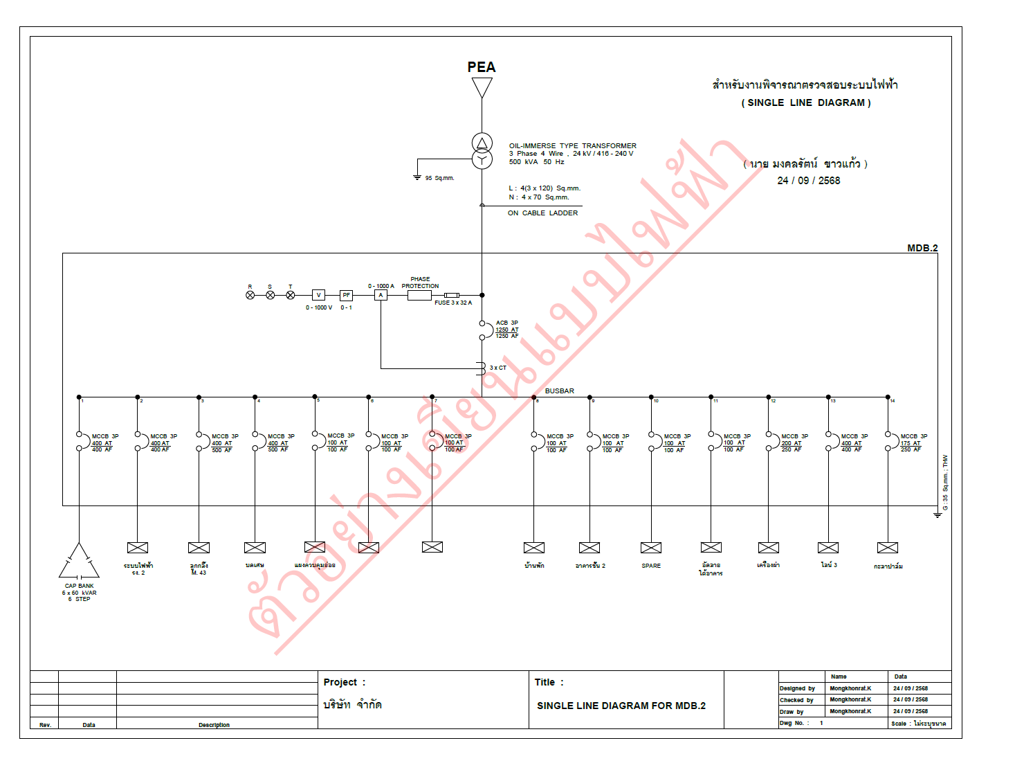 ตัวอย่างแบบ Single Line Diagram